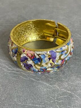 Gold-Tone Floral Enamel Hinged Bangle Bracelet - Multicolor Butterfly